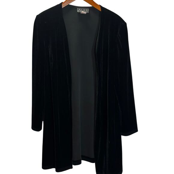 Alex Evenings Sweaters - Vtg Alex Evenings Womens Velour Open Front Cardigan Size L Black Shoulder Pads